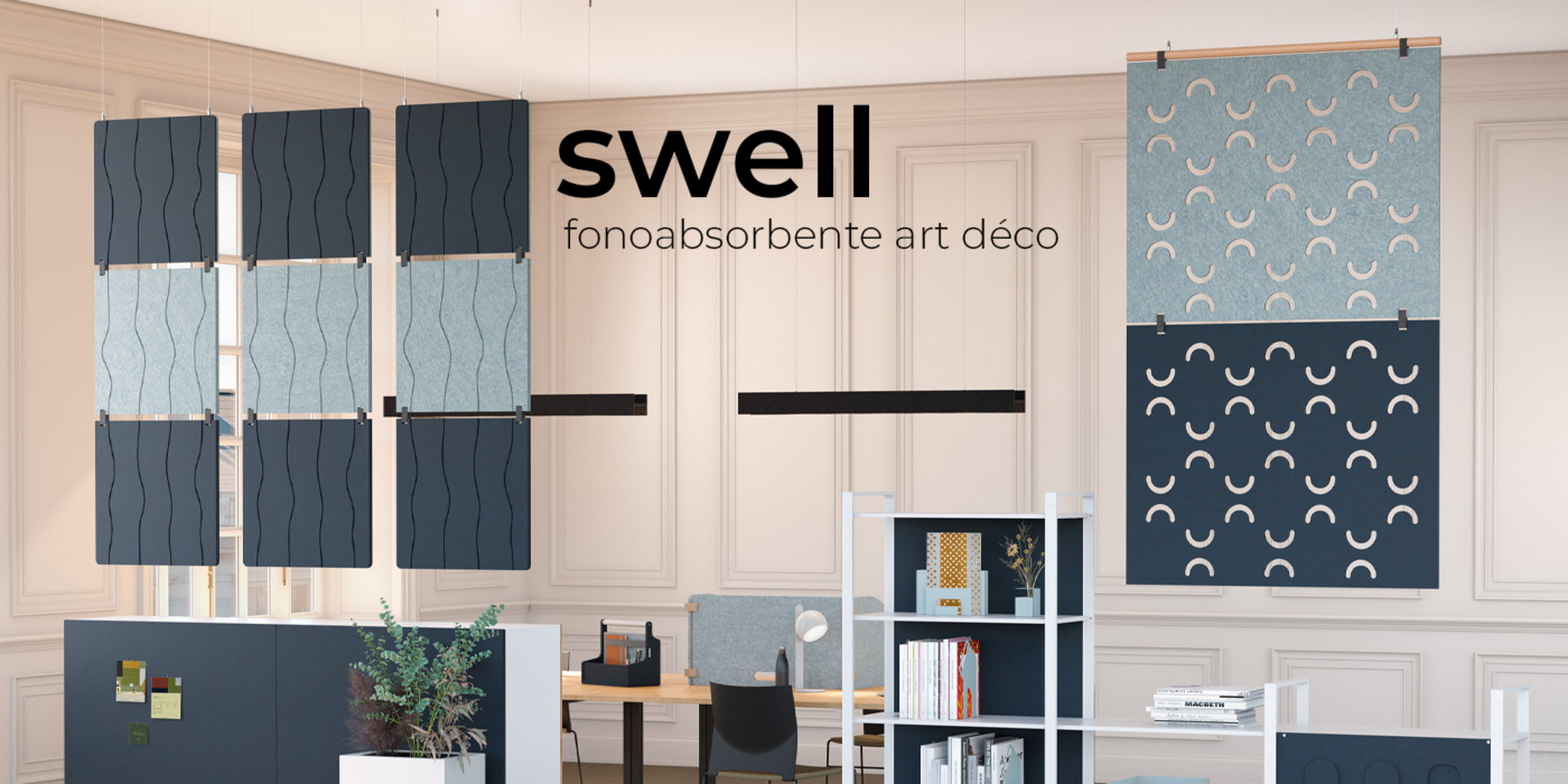 cortinas fonoabsorbentes swell con patrones art deco naturales